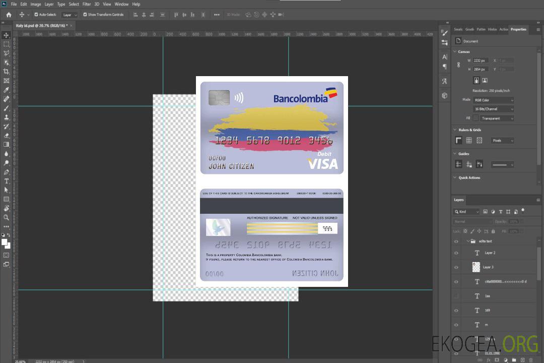 Carte de débit visa bancaire Colombie Bancolombia template